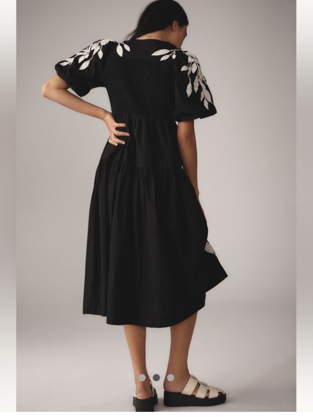 Anthropologie Black Midi Dress with White Leaf Embroidery - Picture 3 of 8